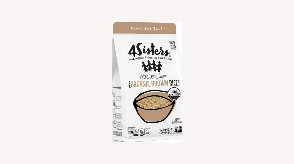 4Sisters Extra Long Grain Organic Brown Rice, certified 100% whole grain, in a 32 ounce bag.