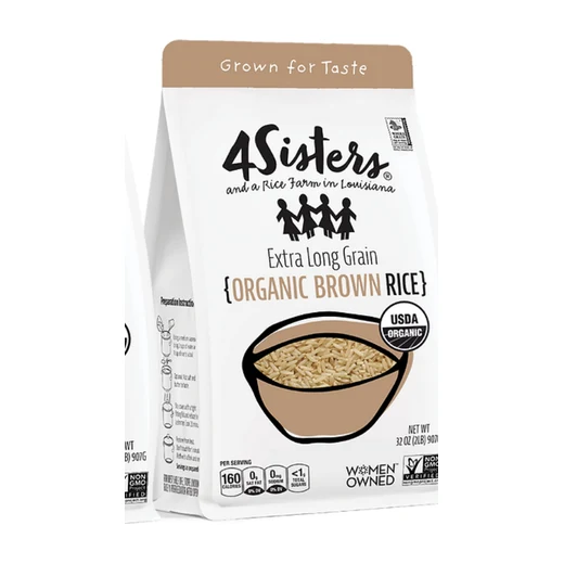 4Sisters Extra Long Grain Organic Brown Rice in a 32 ounce bag.